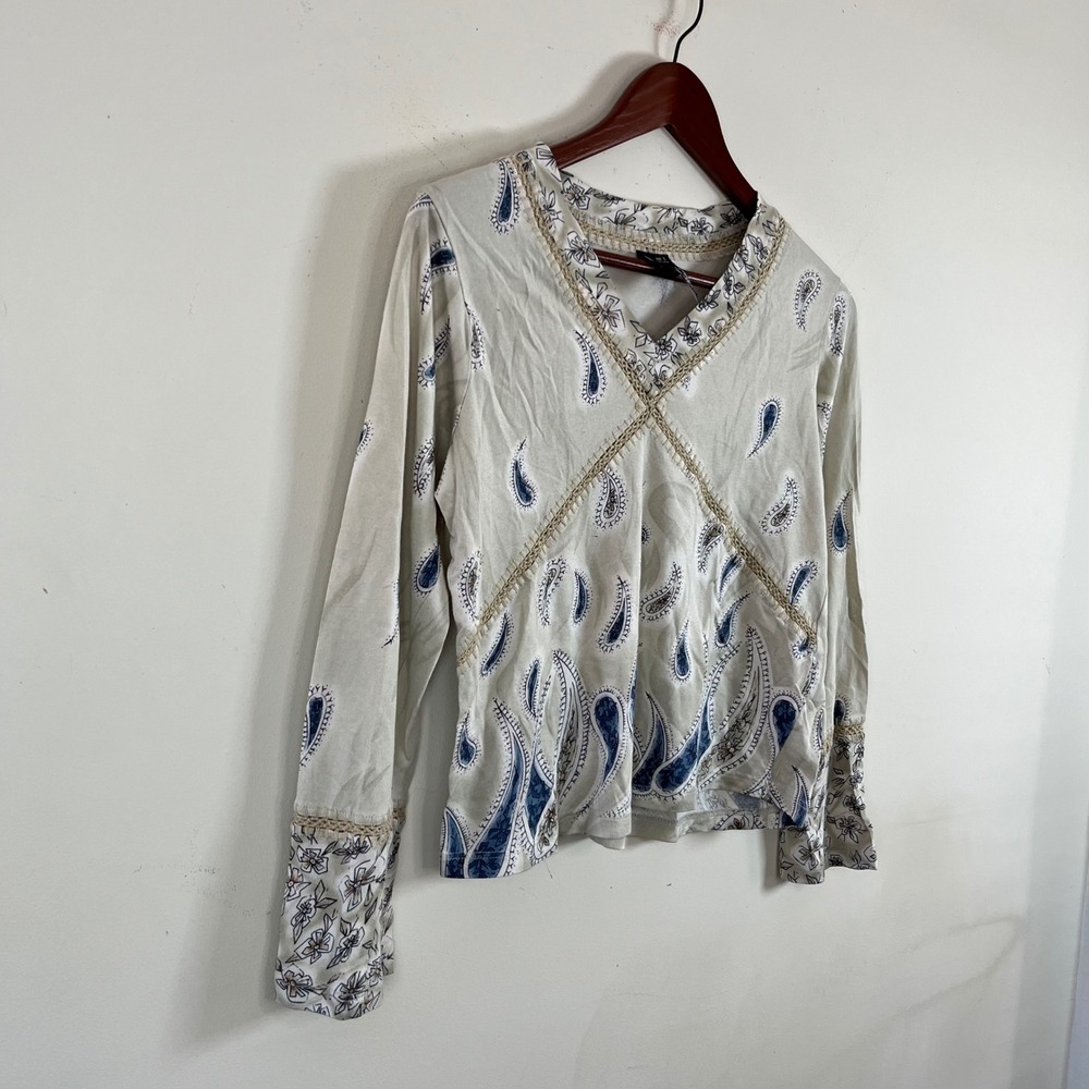 Y2K Lynn Ritchie Long Sleeve Top Paisley  Cotton Silk Exposed Stitching Sm Boho - Picture 4 of 8